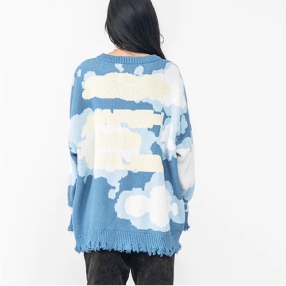 Harsh and Cruel Blue Sky Clouds Ripped Knitted Sweater Size Large - Picture 4 of 13